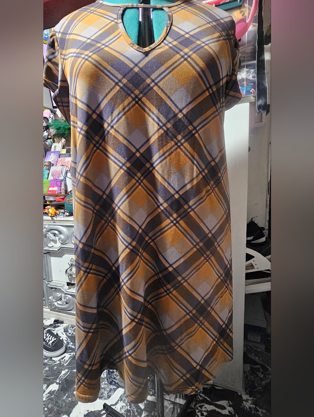 Plaid Short-Sleeve A-Line Dress in Copper